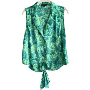 Eclair Button Down Sleeveless Blouse Tie Front Tropical Print Green Size M